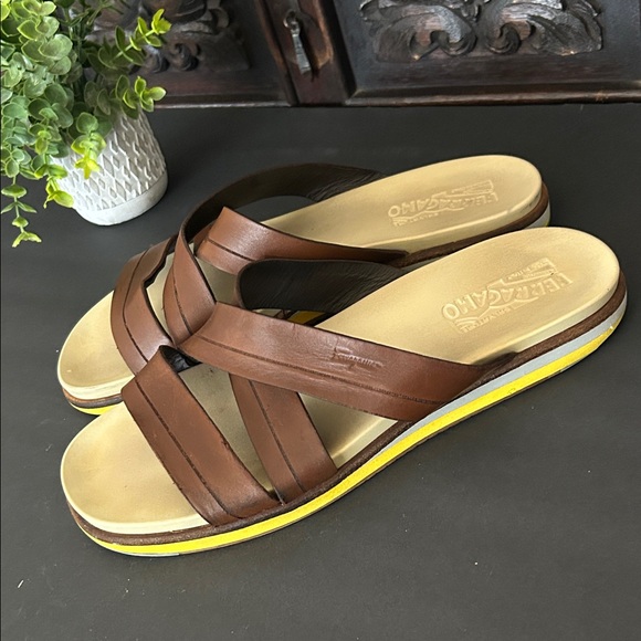 Salvatore Ferragamo Brown Leather Slide Sandals with Yellow Trim